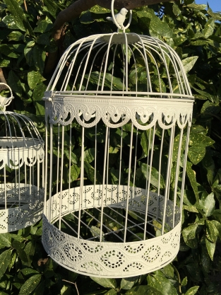 Birdcages set, small + large round, metal, white.
